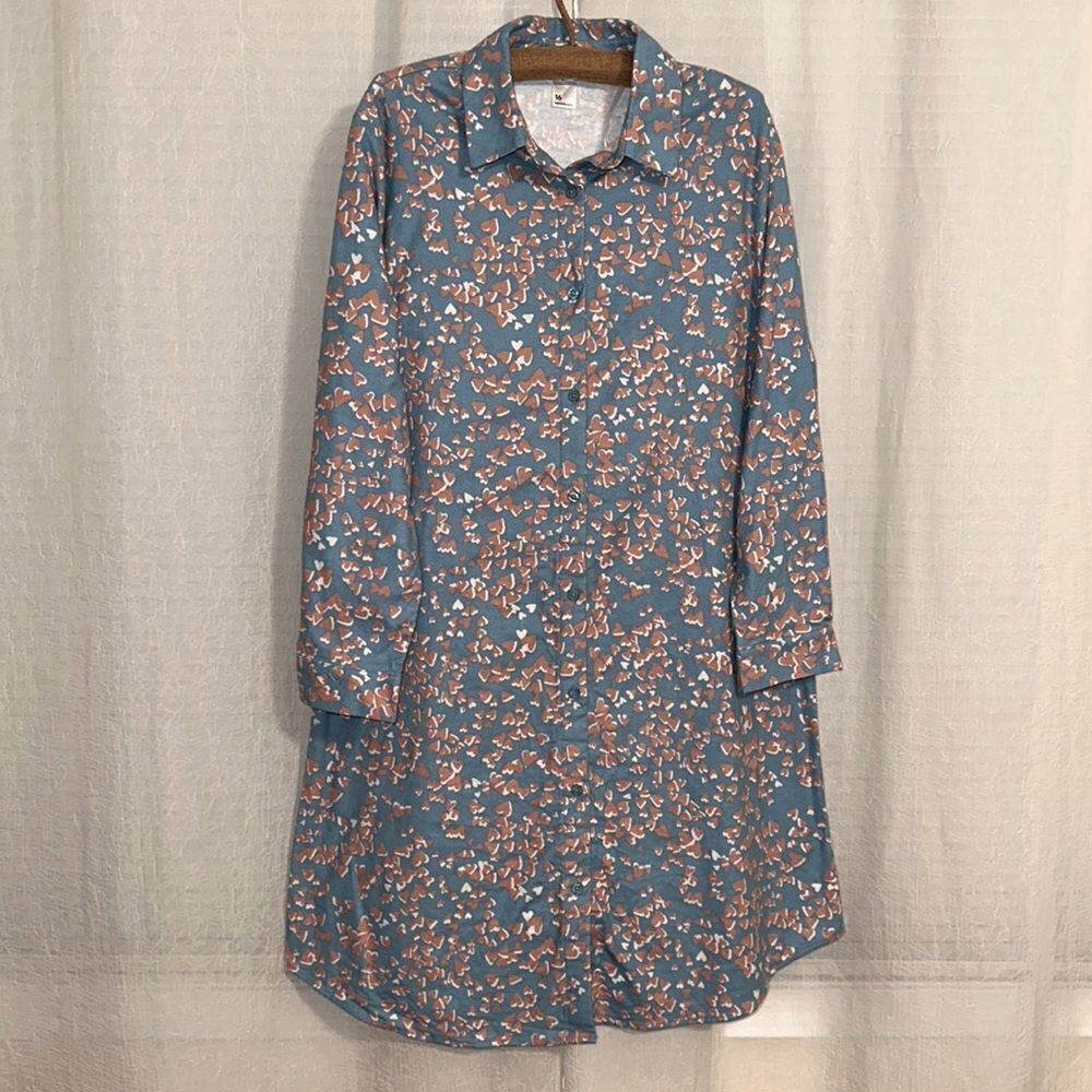 anko 14 Light Blue White Pink Hearts Flannel Cotton Sleep PJ Shirt Dress